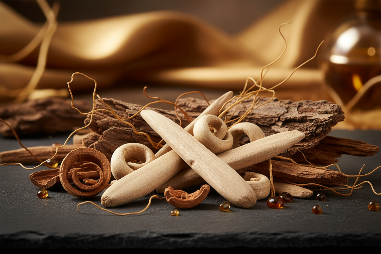 Give ingredient image -  At its heart, sandalwood and woody notes provide a creamy, earthy depth, grounding the fragrance with natural warmth