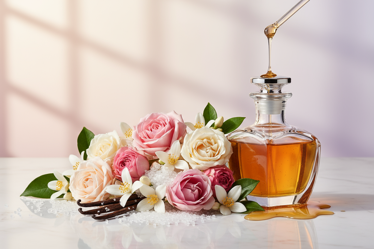 Give ingredient image -This perfume oil opens with a delicate blend of floral and gourmand syrup offering a sweet yet elegant 